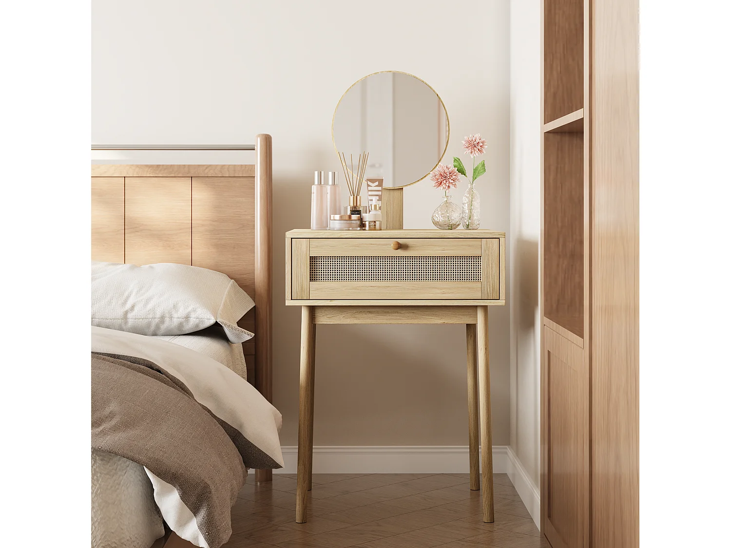 Coiffeuse en rotin avec miroir, design compact et élégant, MDF et verre, chêne (60x50x128 cm)