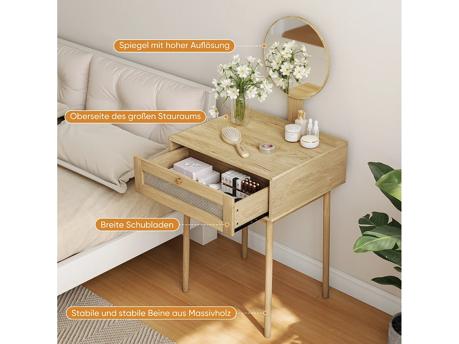 Coiffeuse en rotin avec miroir, design compact et élégant, MDF et verre, chêne (60x50x128 cm)