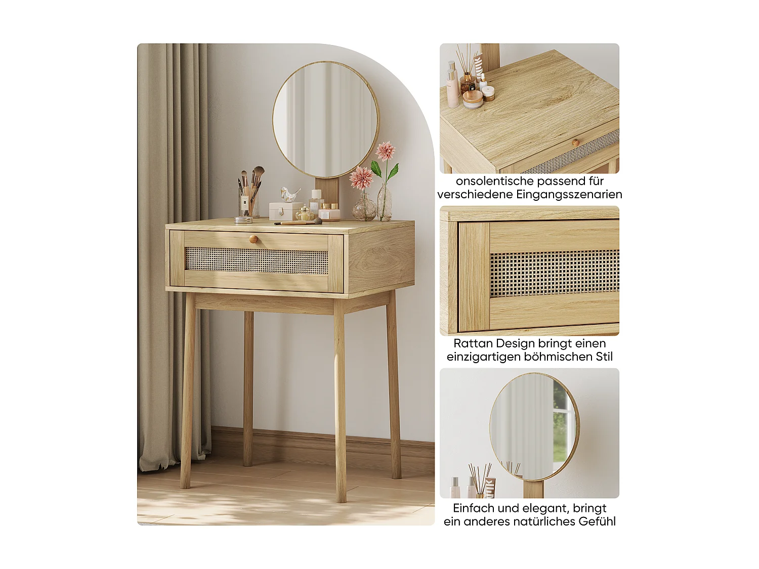 Coiffeuse en rotin avec miroir, design compact et élégant, MDF et verre, chêne (60x50x128 cm)