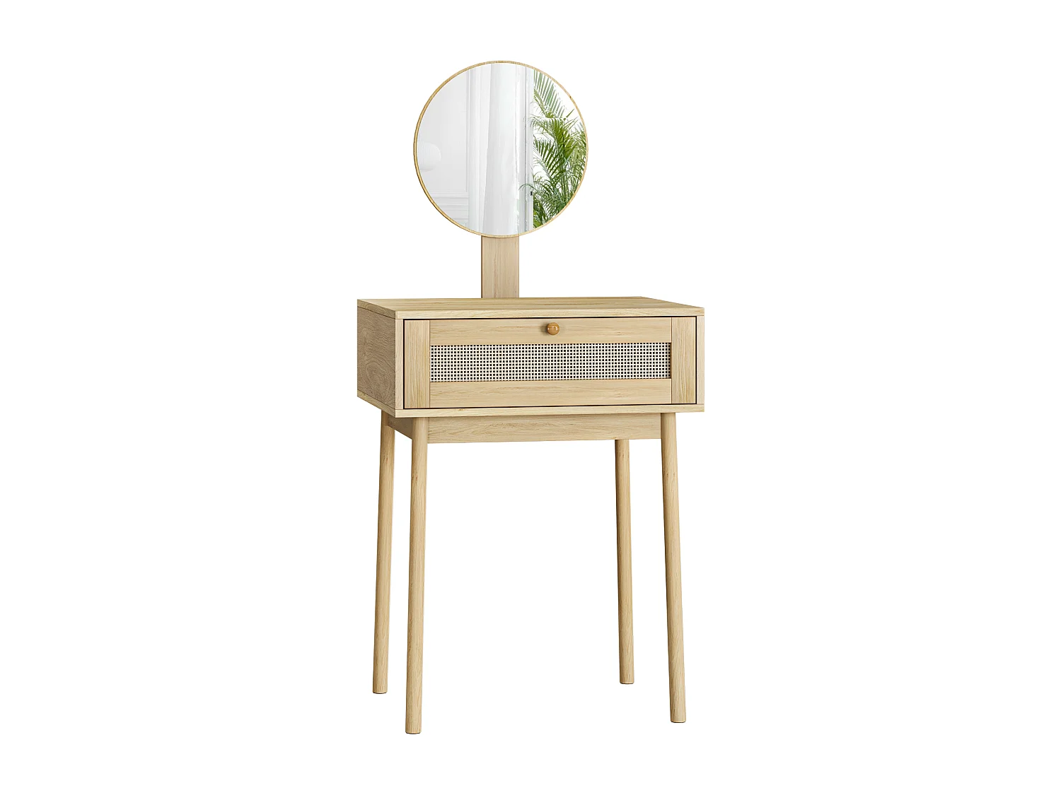 Coiffeuse en rotin avec miroir, design compact et élégant, MDF et verre, chêne (60x50x128 cm)