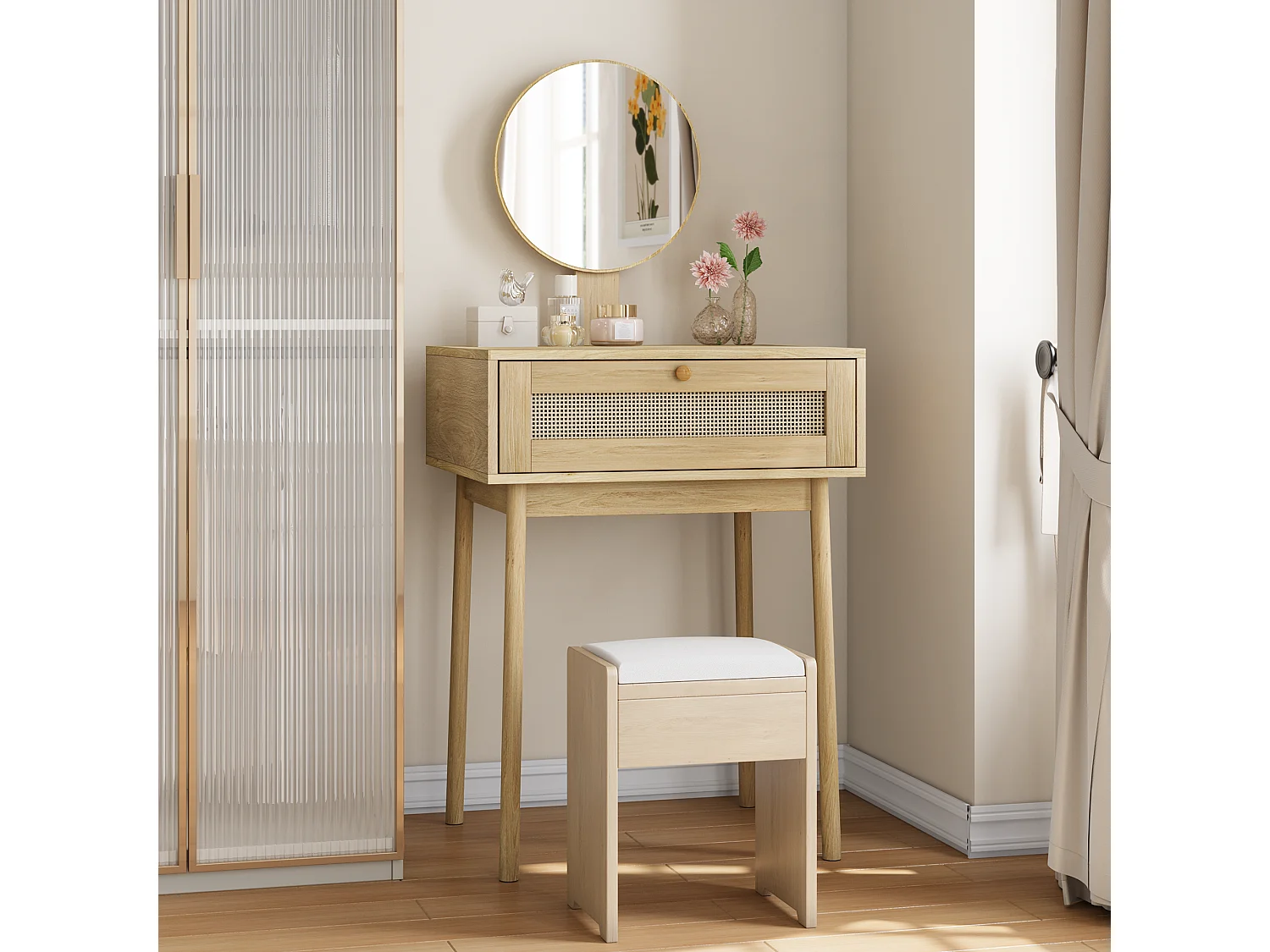 Tocador de ratán con espejo, diseño compacto y elegante, MDF y cristal, roble (60x50x128 cm)