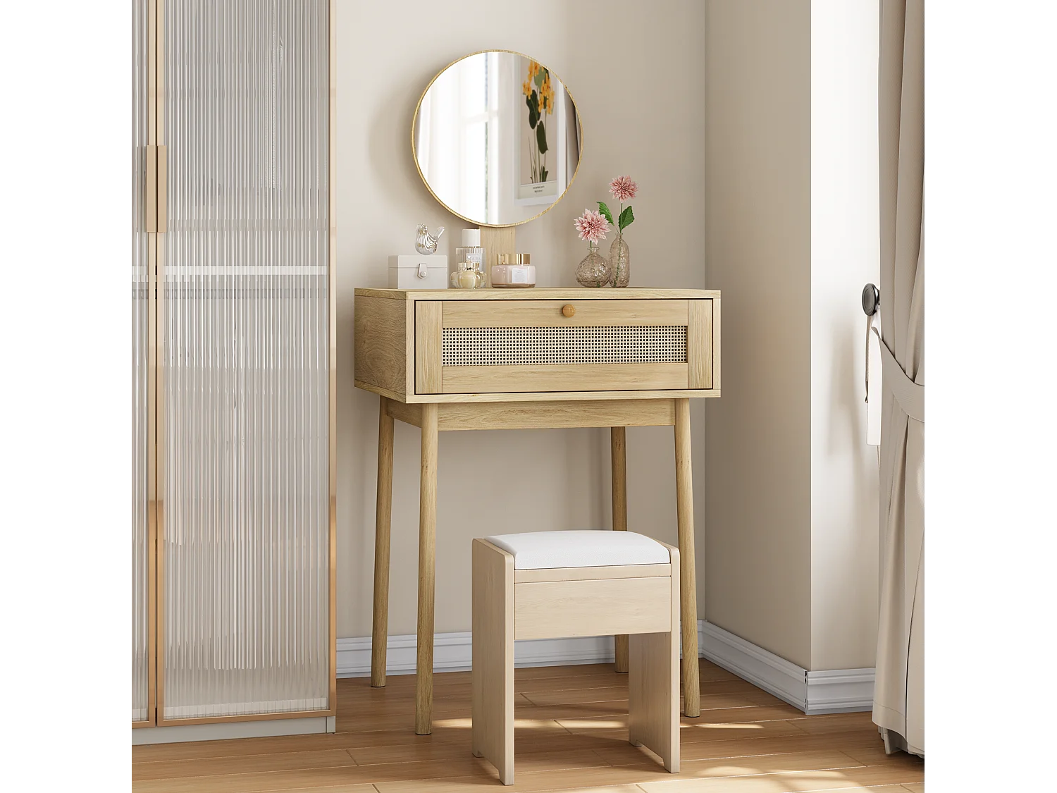 Coiffeuse en rotin avec miroir, design compact et élégant, MDF et verre, chêne (60x50x128 cm)