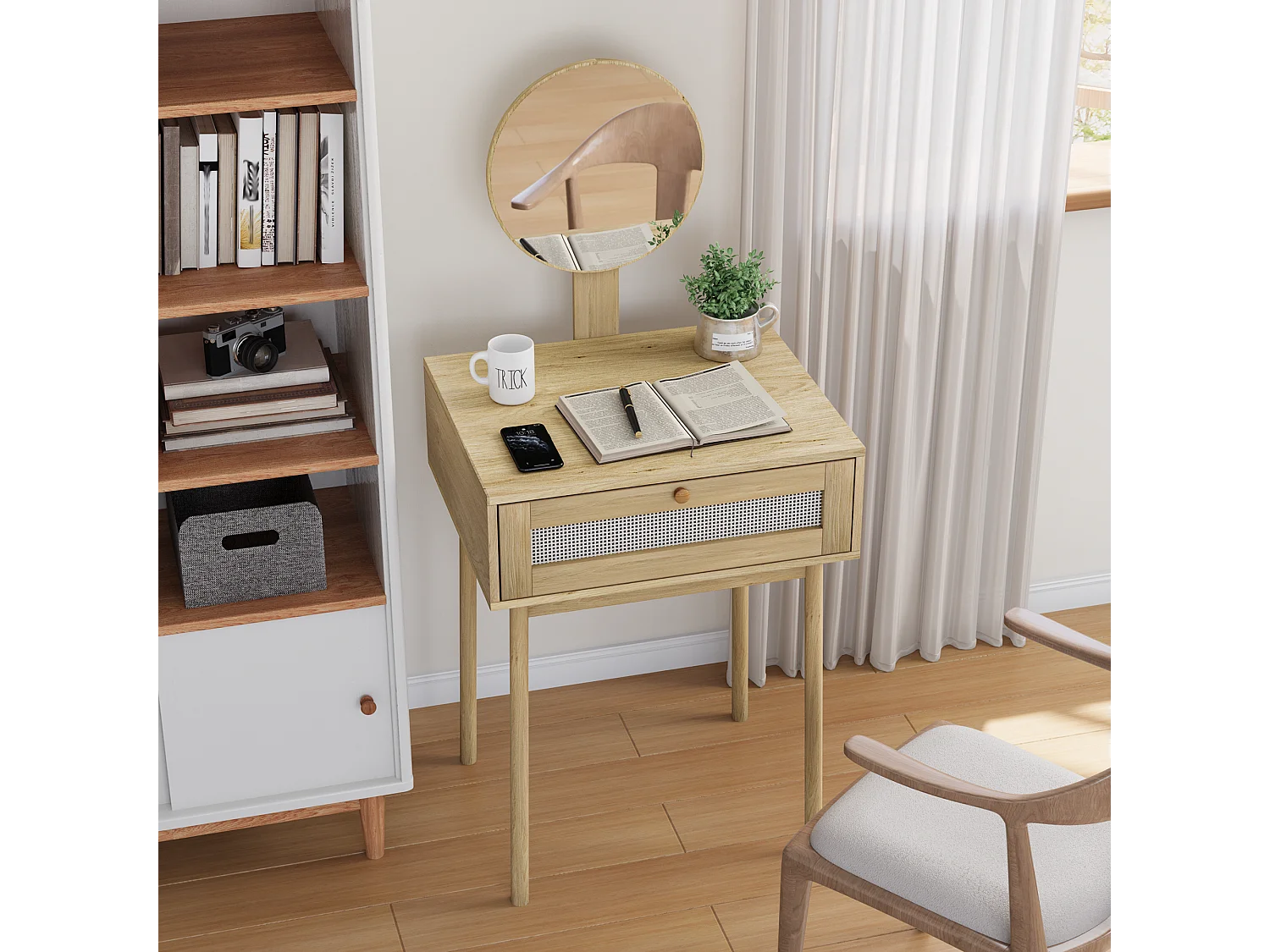 Coiffeuse en rotin avec miroir, design compact et élégant, MDF et verre, chêne (60x50x128 cm)