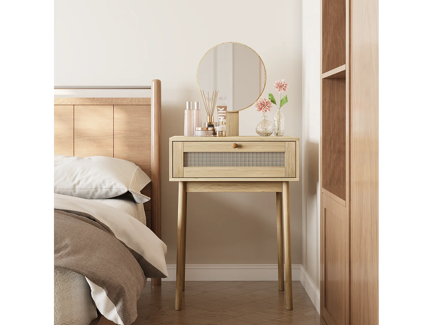 Coiffeuse en rotin avec miroir, design compact et élégant, MDF et verre, chêne (60x50x128 cm)