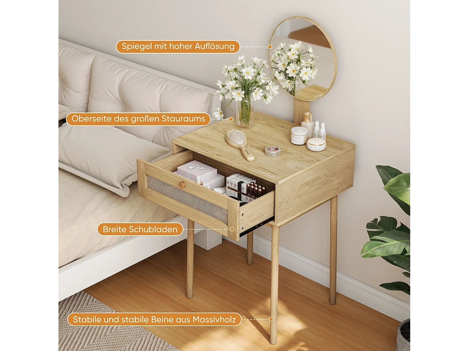 Coiffeuse en rotin avec miroir, design compact et élégant, MDF et verre, chêne (60x50x128 cm)