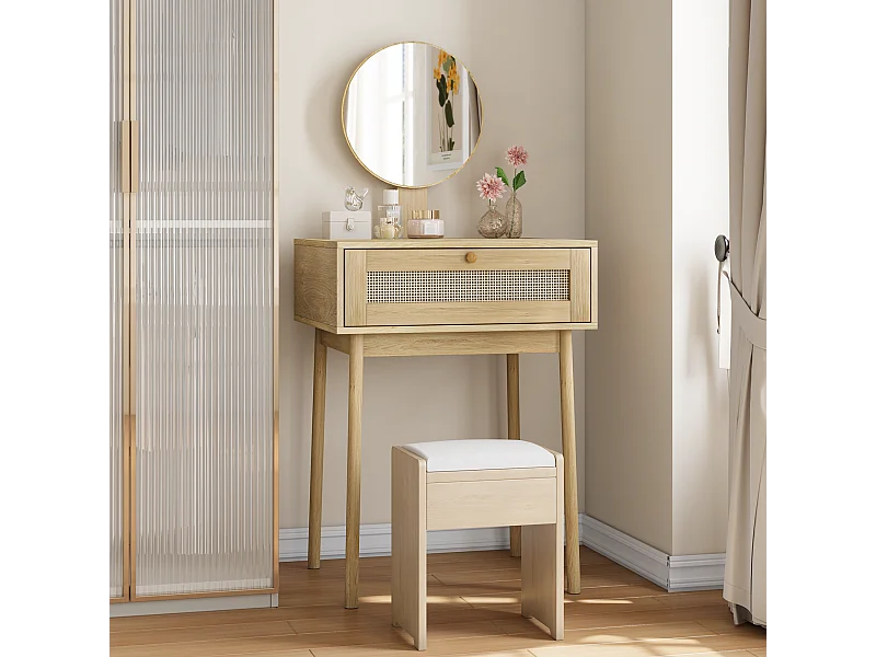 Toletta in rattan con specchio, design compatto ed elegante, MDF e vetro, rovere (60x50x128 cm)