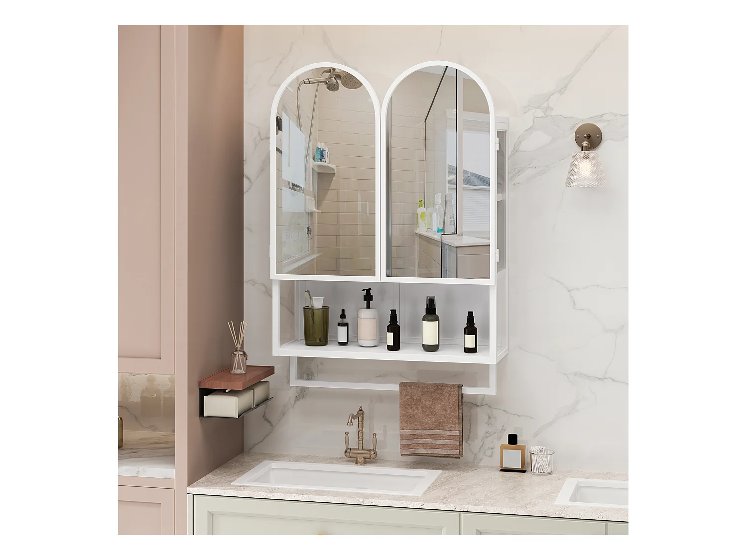 Armoire miroir moderne à double arche, 2 portes avec étagères réglables et porte-serviettes, métal et verre trempé, blanc (60x20x75cm)