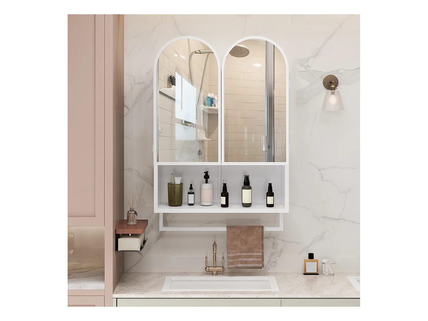 Armoire miroir moderne à double arche, 2 portes avec étagères réglables et porte-serviettes, métal et verre trempé, blanc (60x20x75cm)