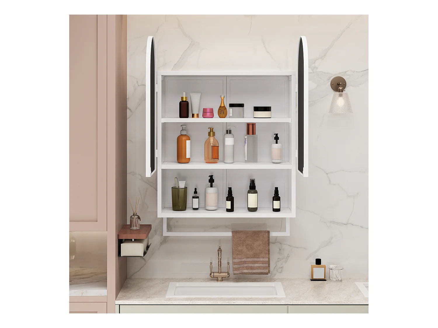 Armoire miroir moderne à double arche, 2 portes avec étagères réglables et porte-serviettes, métal et verre trempé, blanc (60x20x75cm)