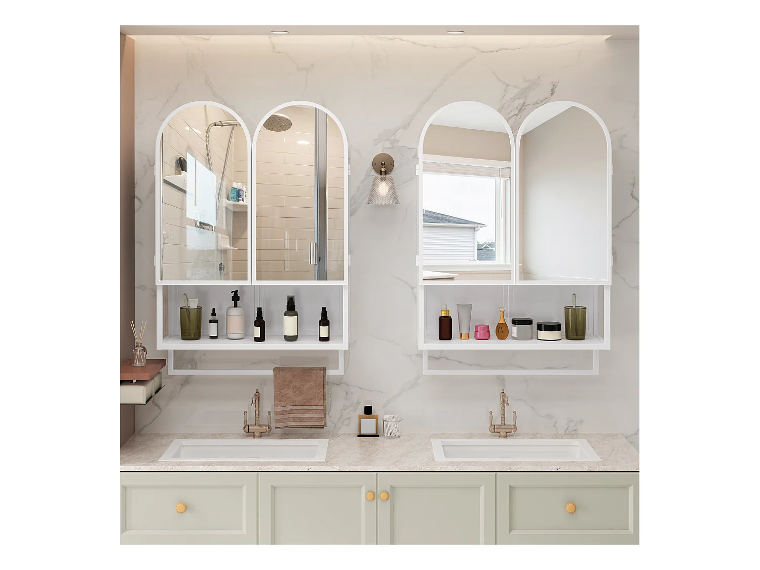 Armoire miroir moderne à double arche, 2 portes avec étagères réglables et porte-serviettes, métal et verre trempé, blanc (60x20x75cm)