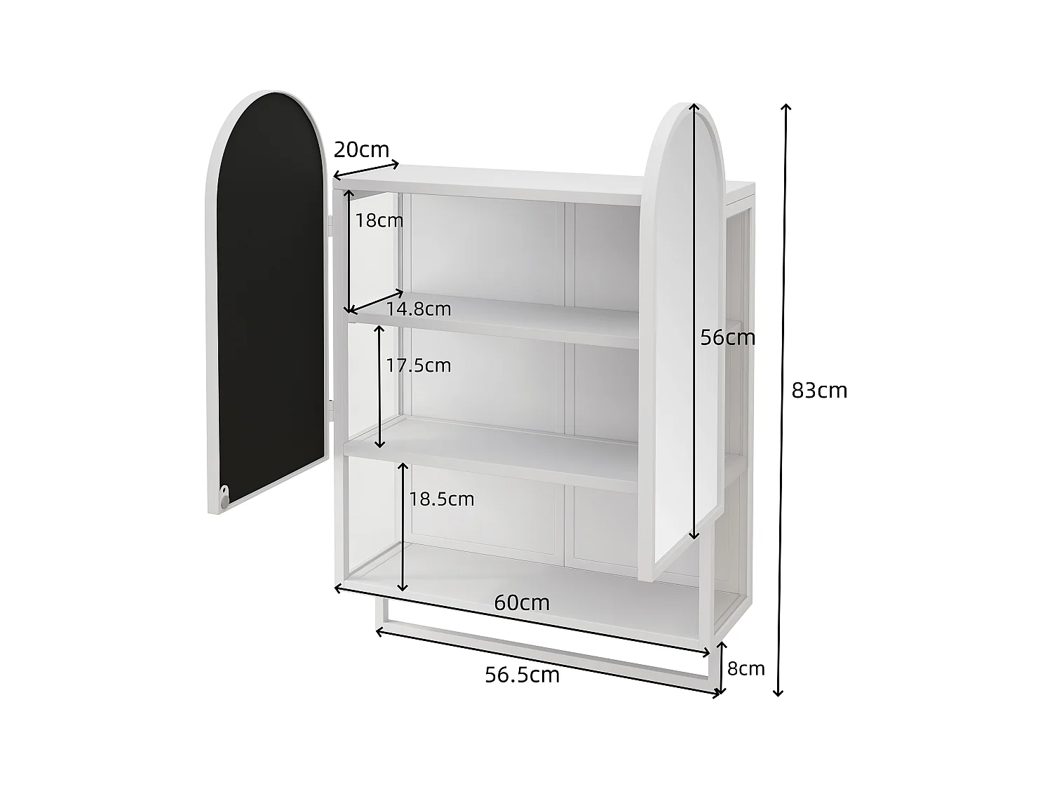 Armoire miroir moderne à double arche, 2 portes avec étagères réglables et porte-serviettes, métal et verre trempé, blanc (60x20x75cm)
