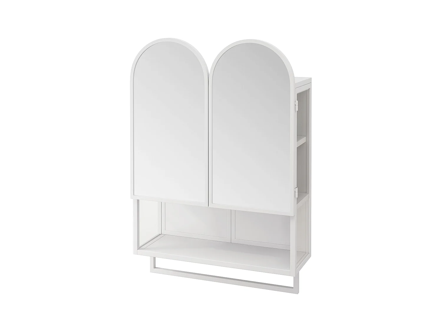 Armoire miroir moderne à double arche, 2 portes avec étagères réglables et porte-serviettes, métal et verre trempé, blanc (60x20x75cm)