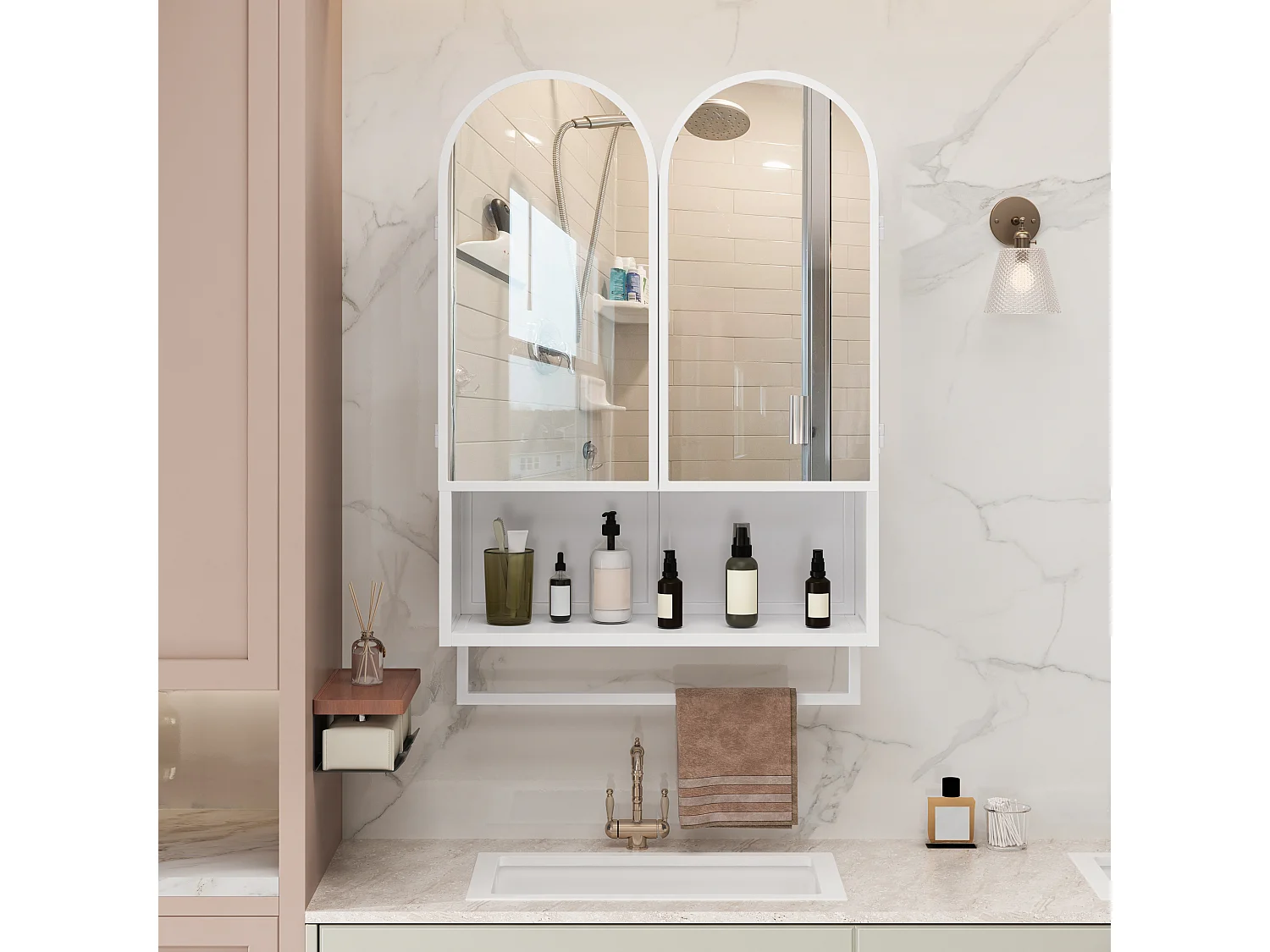 Armoire miroir moderne à double arche, 2 portes avec étagères réglables et porte-serviettes, métal et verre trempé, blanc (60x20x75cm)