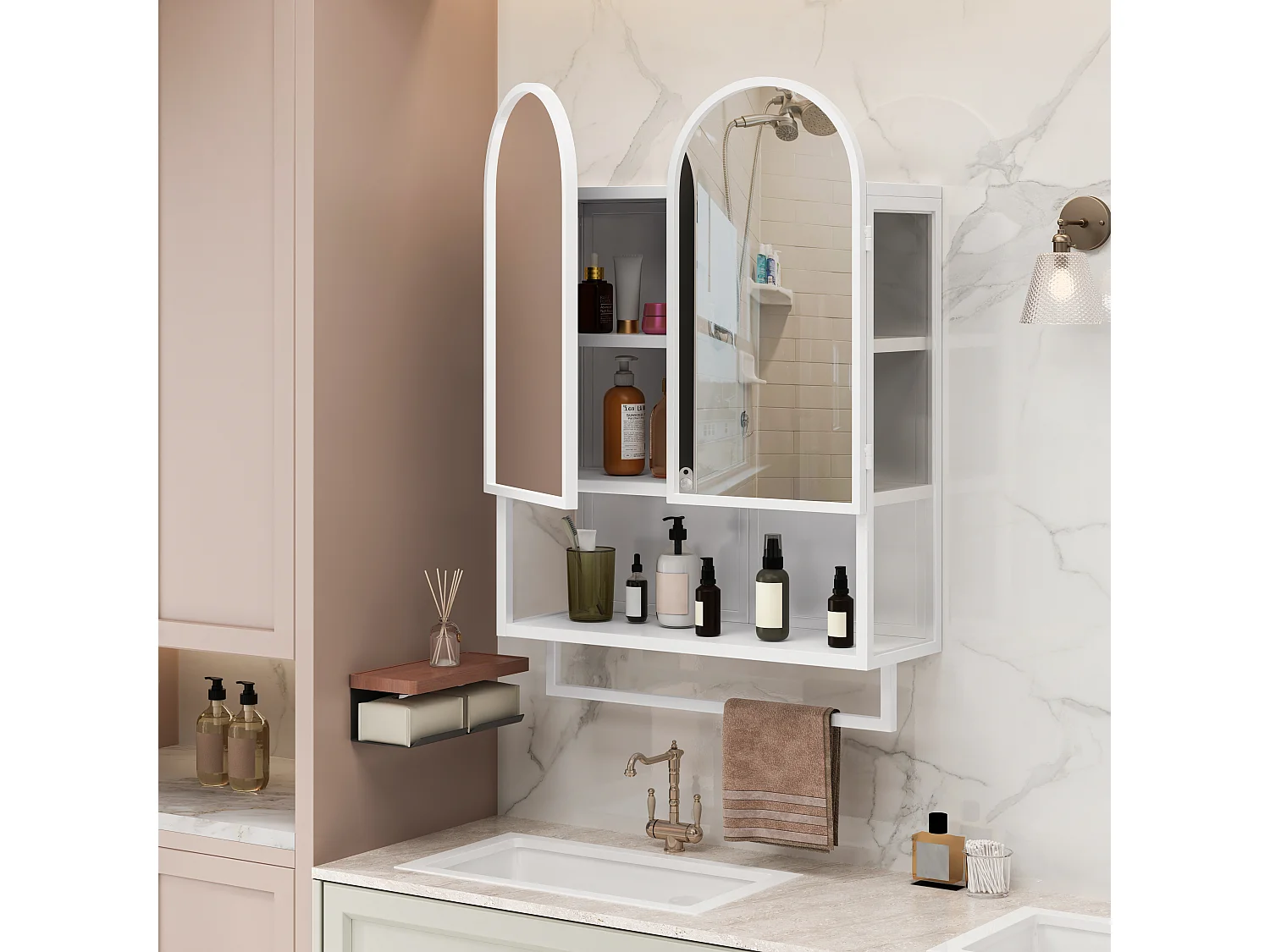 Armoire miroir moderne à double arche, 2 portes avec étagères réglables et porte-serviettes, métal et verre trempé, blanc (60x20x75cm)