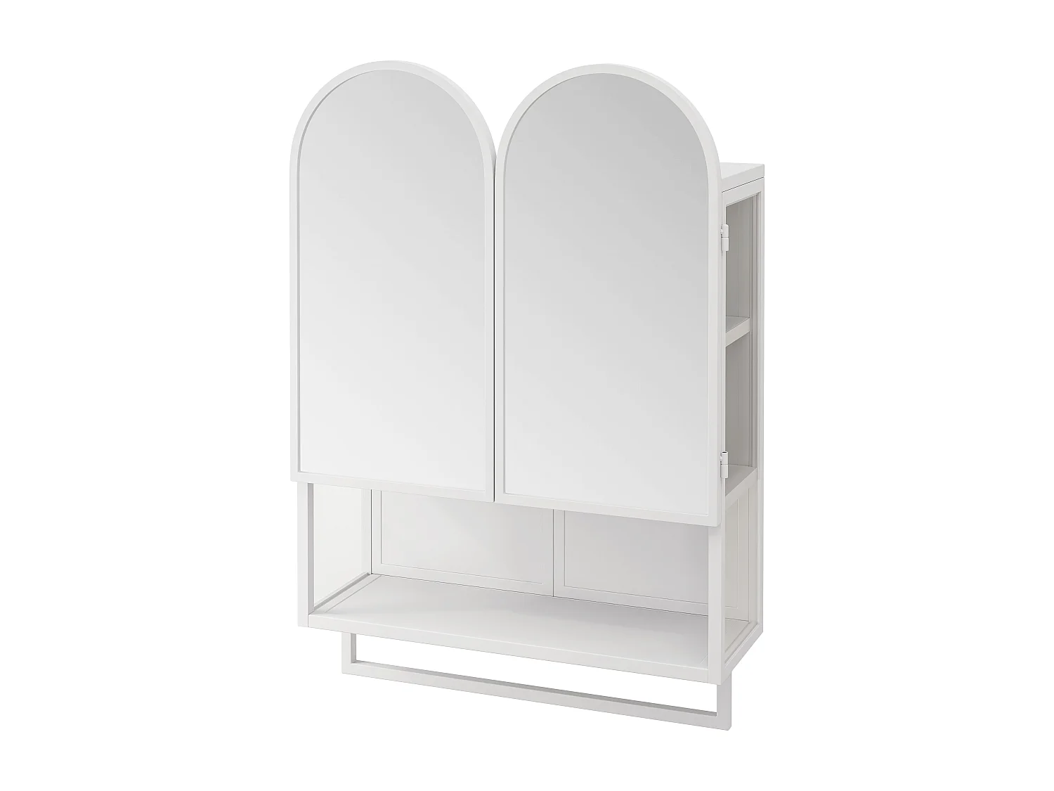 Armoire miroir moderne à double arche, 2 portes avec étagères réglables et porte-serviettes, métal et verre trempé, blanc (60x20x75cm)