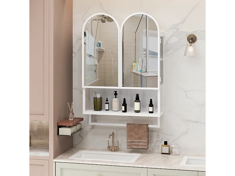 Armoire miroir moderne à double arche, 2 portes avec étagères réglables et porte-serviettes, métal et verre trempé, blanc (60x20x75cm)