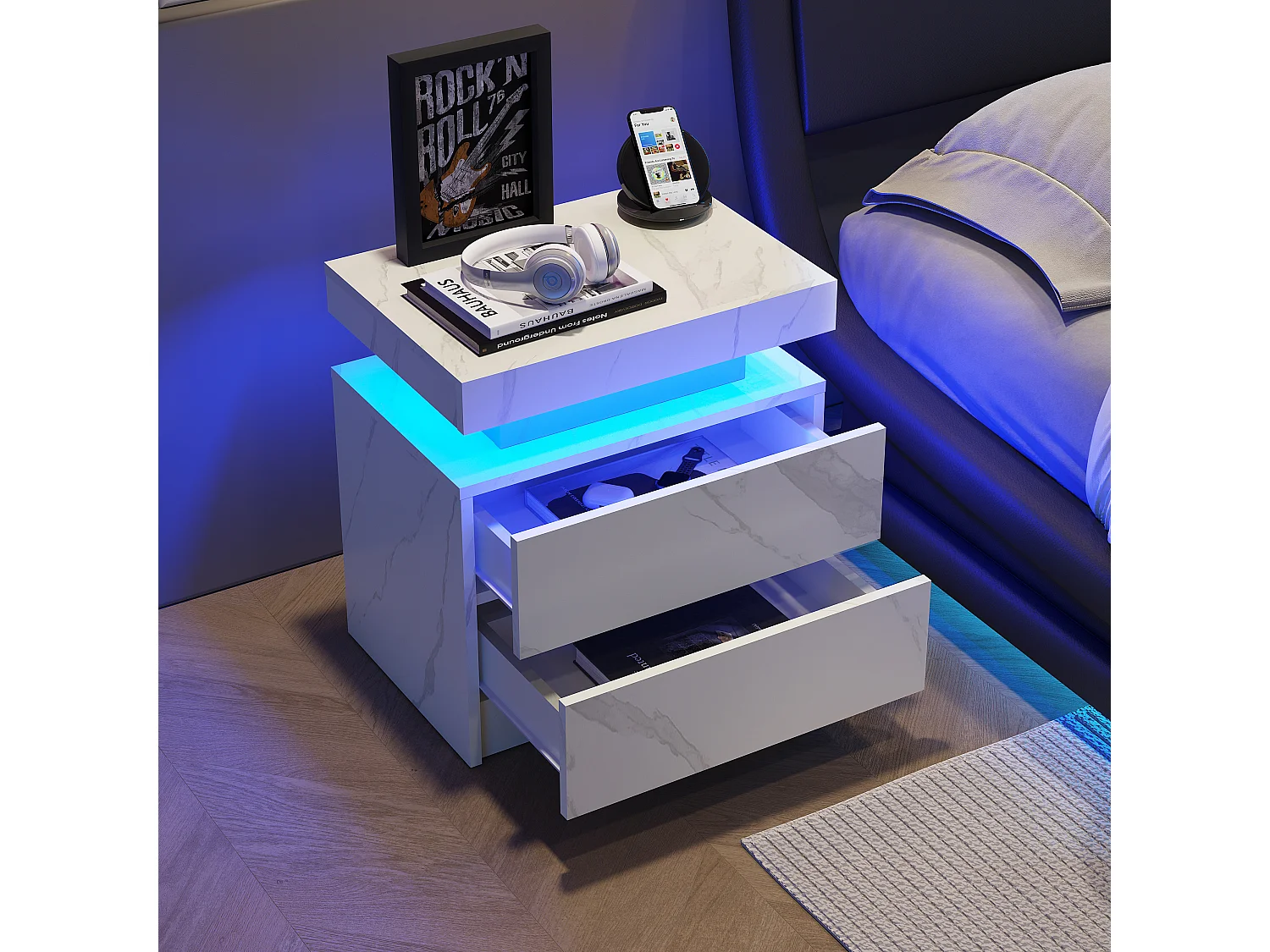 Table de chevet moderne avec éclairage LED, 2 tiroirs, panneaux de fibres, blanc mat (50x53x36 cm)