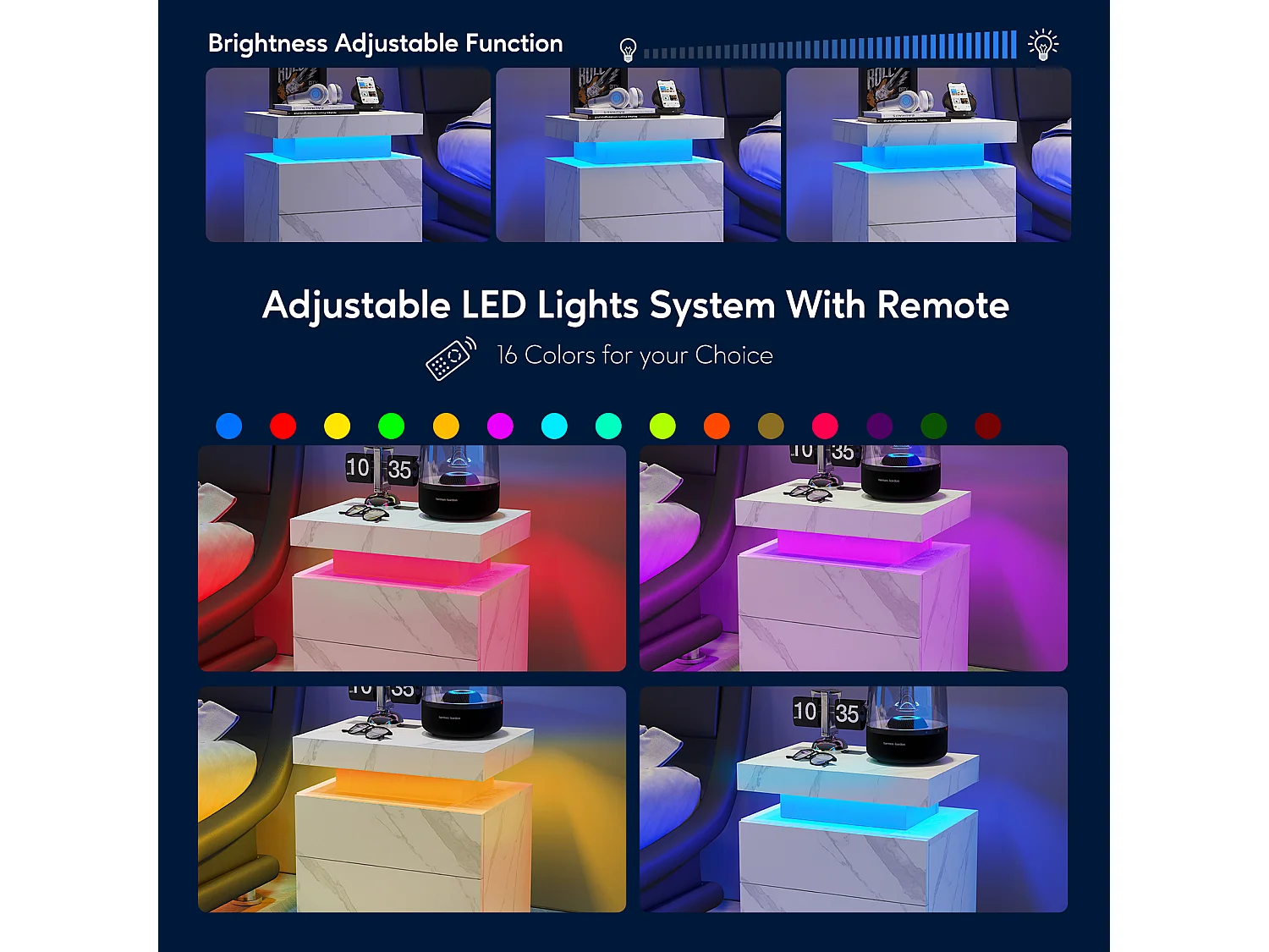 Table de chevet moderne avec éclairage LED, 2 tiroirs, panneaux de fibres, blanc mat (50x53x36 cm)