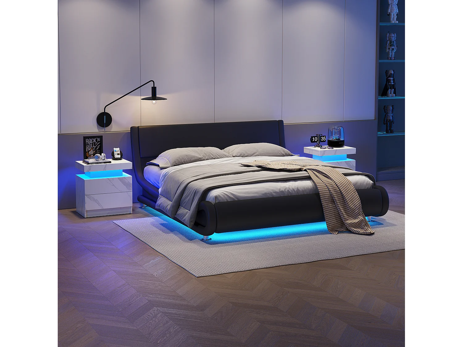 Table de chevet moderne avec éclairage LED, 2 tiroirs, panneaux de fibres, blanc mat (50x53x36 cm)