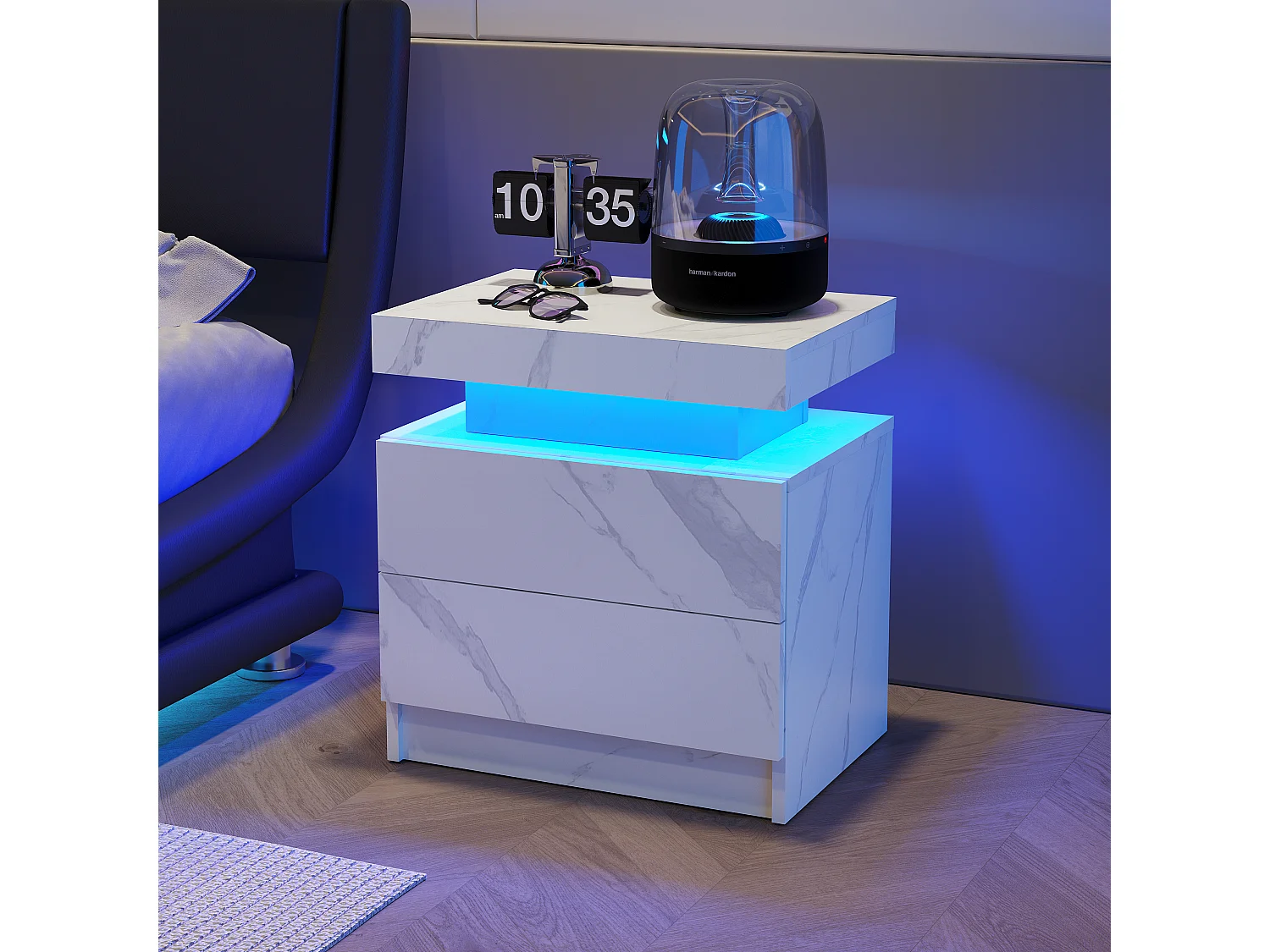 Mesita de noche moderna con iluminación LED, 2 cajones, tablero de fibra, blanco mate (50x53x36 cm)