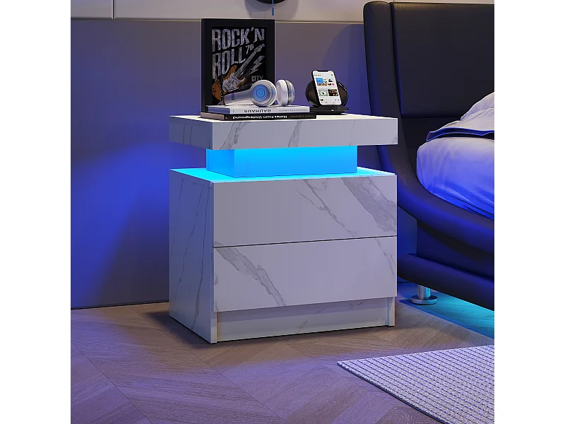 Table de chevet moderne avec éclairage LED, 2 tiroirs, panneaux de fibres, blanc mat (50x53x36 cm)