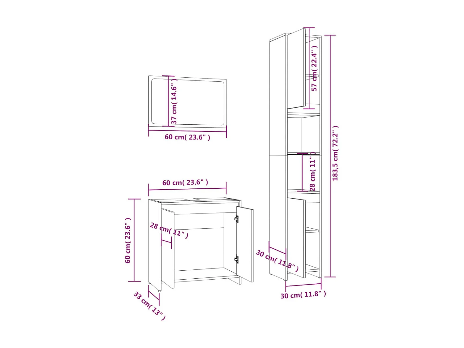Set di mobili da bagno Sonoma Grey da 3 pezzi
