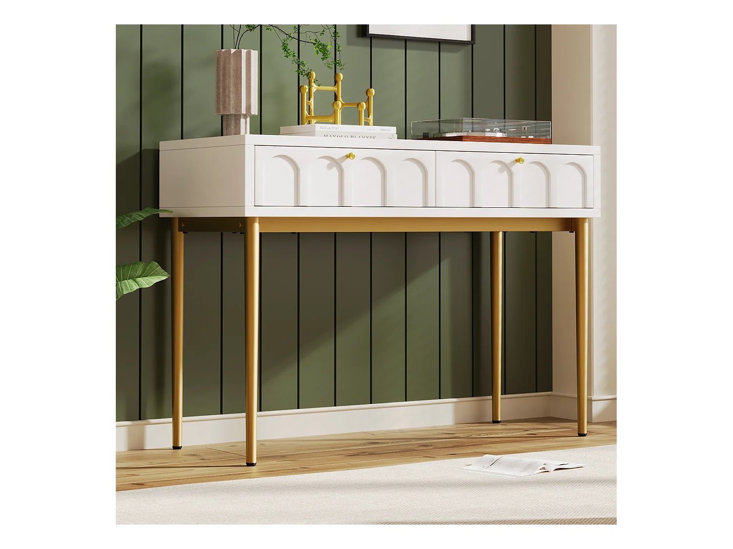 Coiffeuse avec 2 tiroirs, design élégant, bois et métal, blanc crème (100x76.5x45cm)