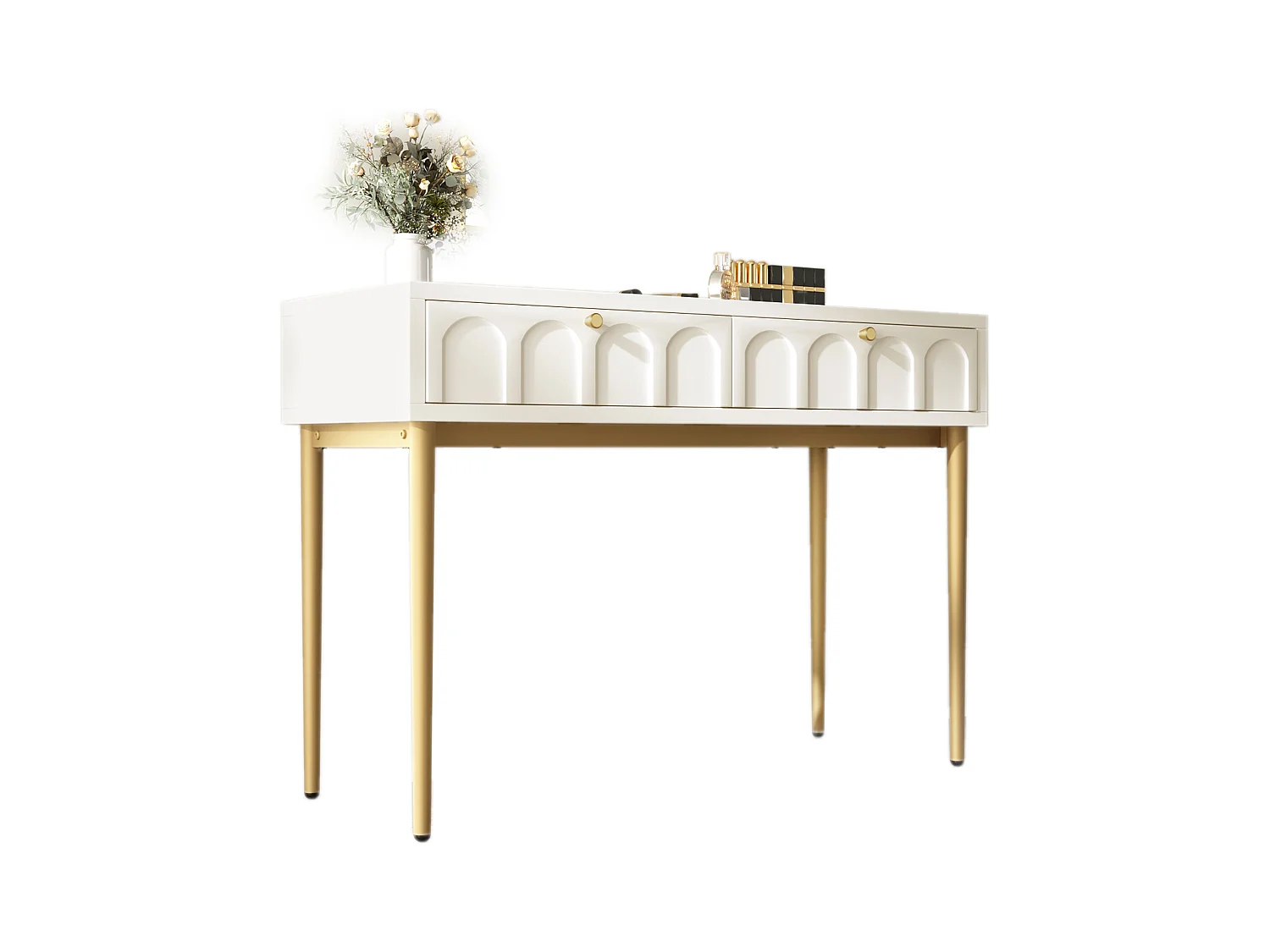 Coiffeuse avec 2 tiroirs, design élégant, bois et métal, blanc crème (100x76.5x45cm)