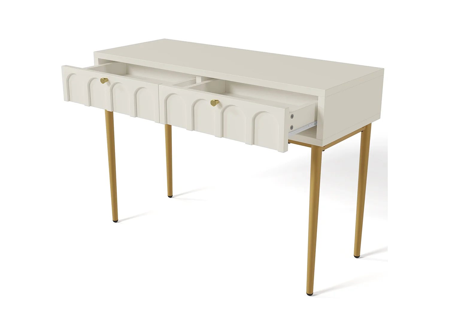 Coiffeuse avec 2 tiroirs, design élégant, bois et métal, blanc crème (100x76.5x45cm)