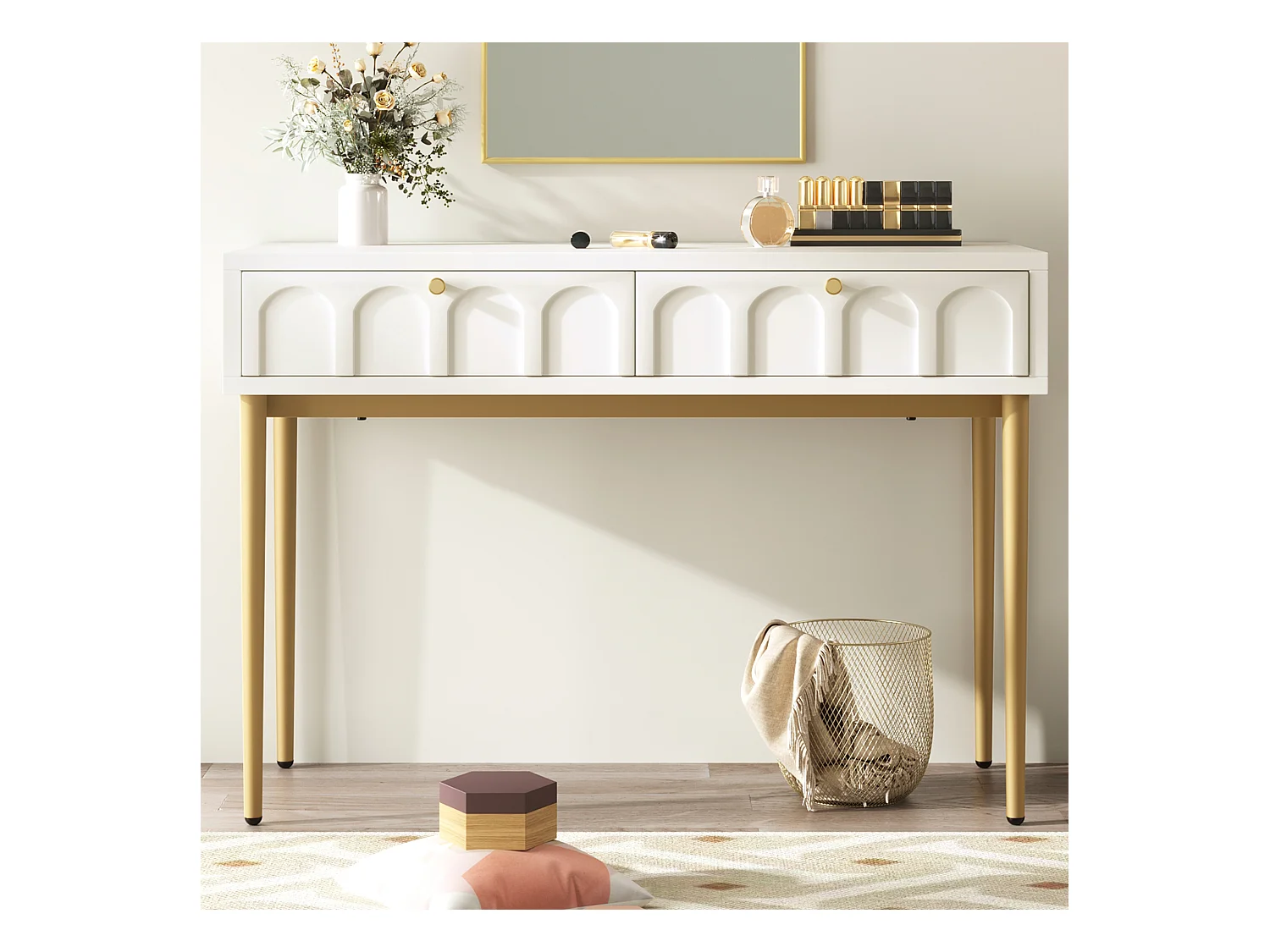 Coiffeuse avec 2 tiroirs, design élégant, bois et métal, blanc crème (100x76.5x45cm)