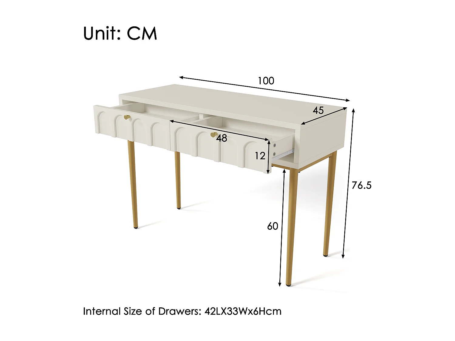 Toletta con 2 cassetti, design elegante, legno e metallo, bianco crema (100x76,5x45cm)
