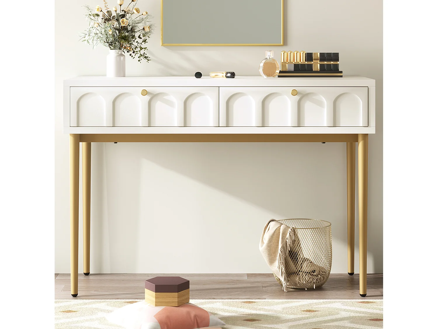 Toletta con 2 cassetti, design elegante, legno e metallo, bianco crema (100x76,5x45cm)