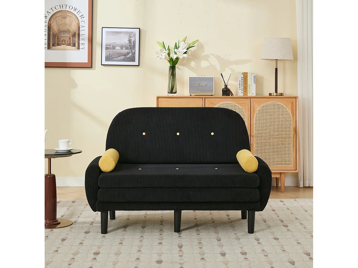 Divano Love in corda nera, trasformabile in divano letto, con contenitore, in metallo e velluto (133,5x77x85 cm)