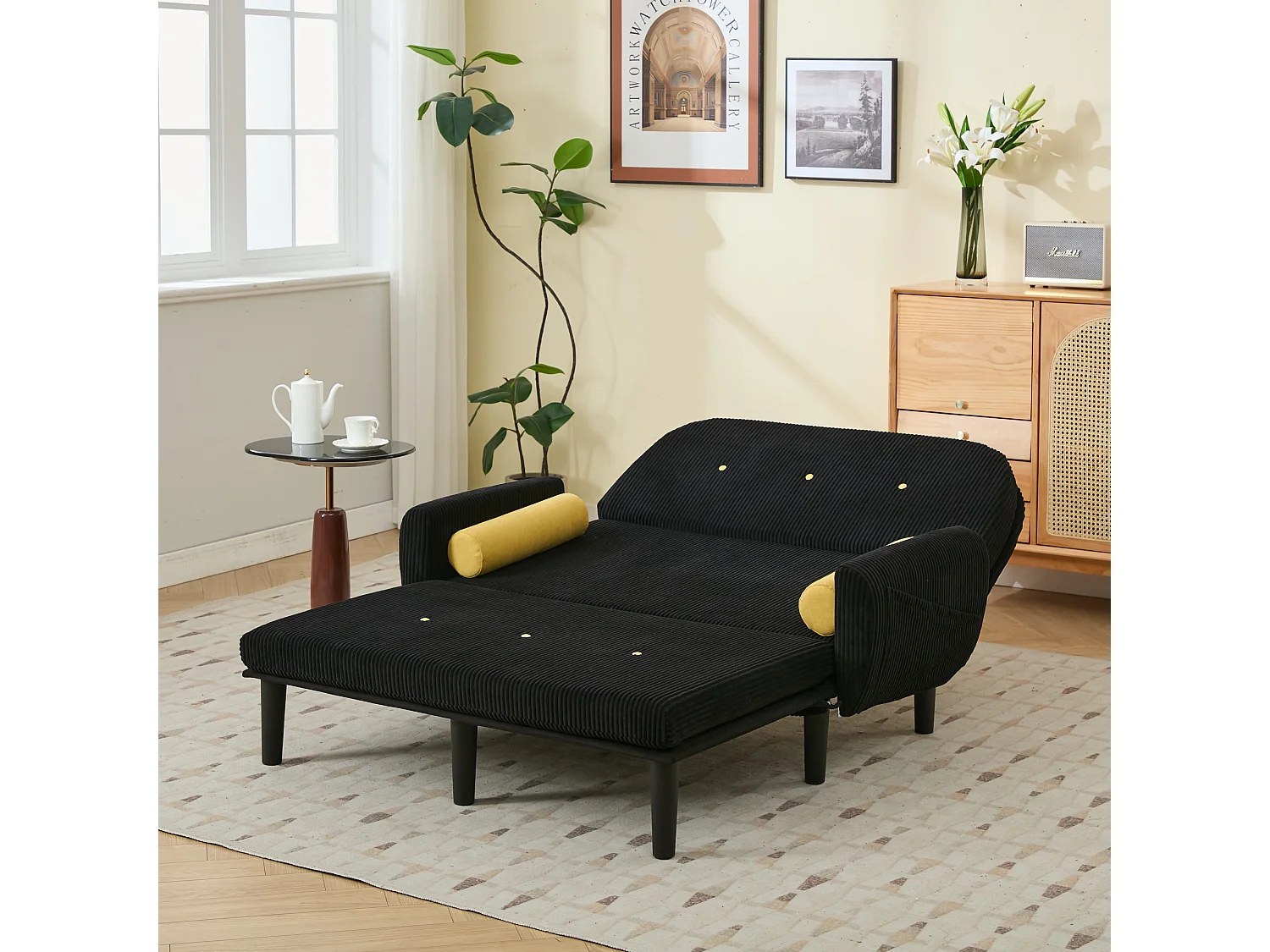 Divano Love in corda nera, trasformabile in divano letto, con contenitore, in metallo e velluto (133,5x77x85 cm)