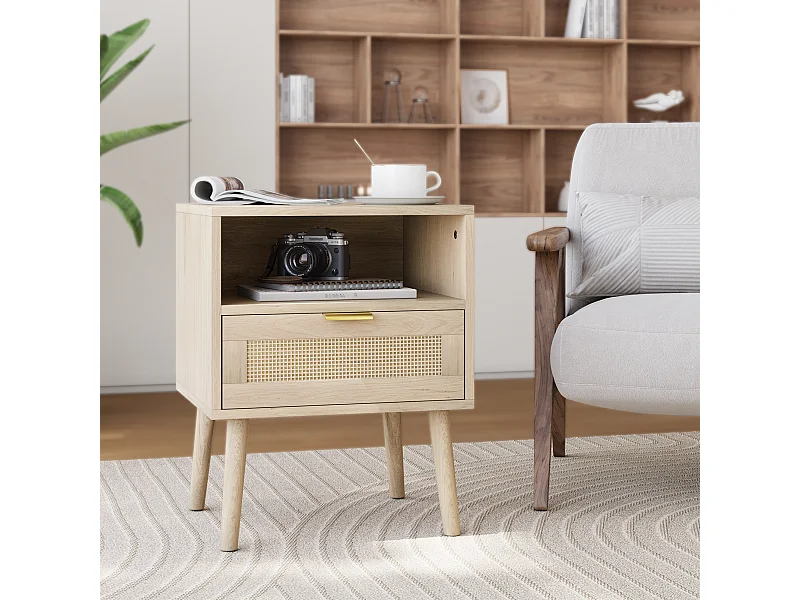 Nachtkastje van Boheems rotan, modern middeleeuws design, MDF en spaanplaat, met open plank en gouden handgreep (45x40x55 cm)