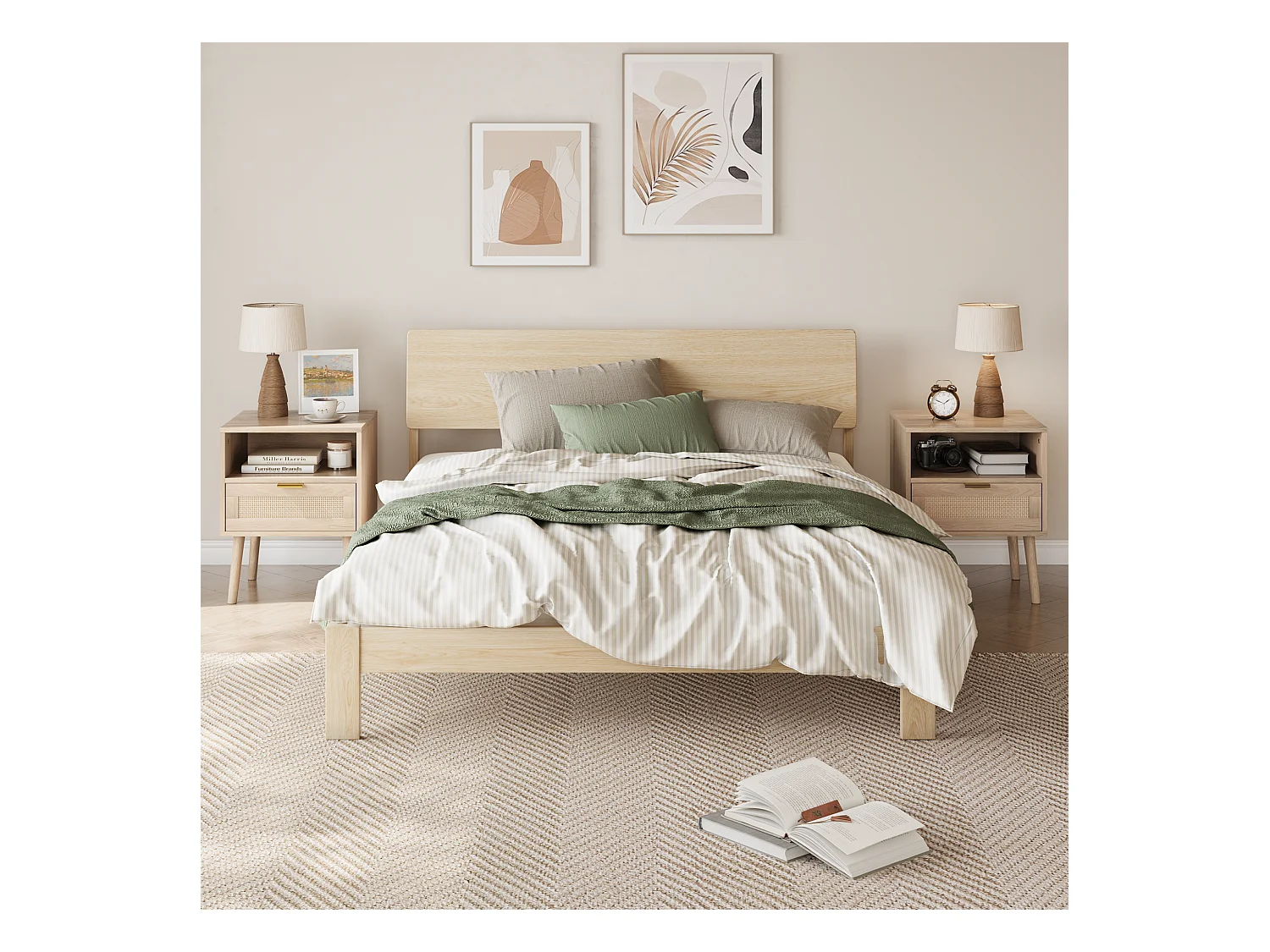 Mesita de noche de ratán bohemio, diseño medieval moderno, MDF y tablero de partículas, con estante abierto y tirador dorado (45x40x55 cm)