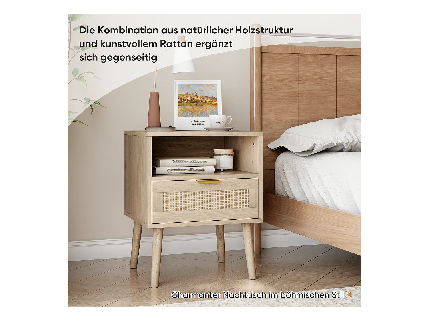 Mesita de noche de ratán bohemio, diseño medieval moderno, MDF y tablero de partículas, con estante abierto y tirador dorado (45x40x55 cm)