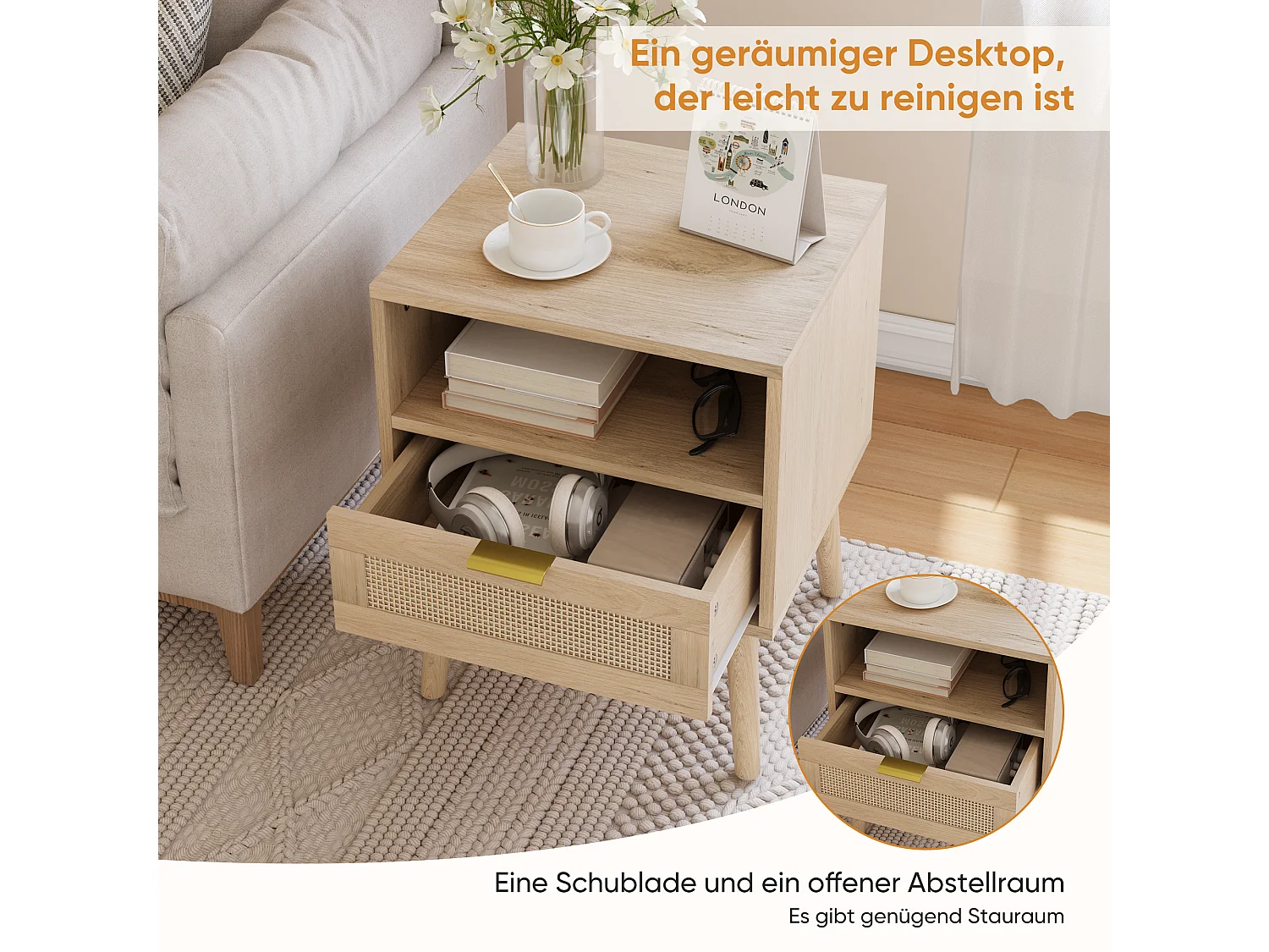 Mesita de noche de ratán bohemio, diseño medieval moderno, MDF y tablero de partículas, con estante abierto y tirador dorado (45x40x55 cm)