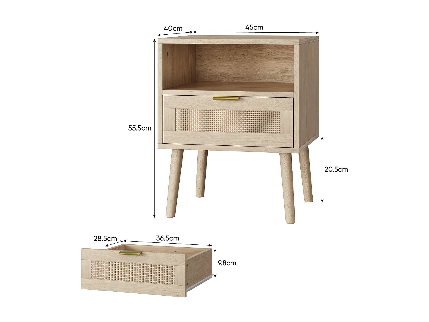 Mesita de noche de ratán bohemio, diseño medieval moderno, MDF y tablero de partículas, con estante abierto y tirador dorado (45x40x55 cm)