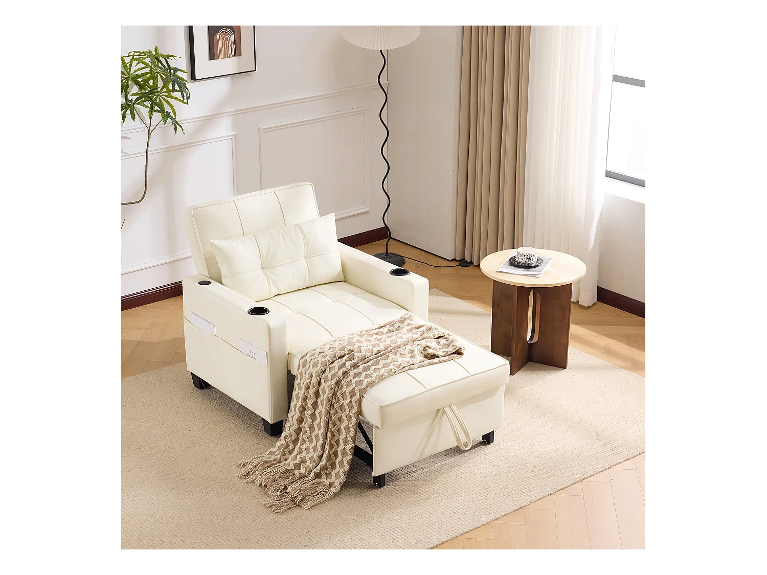 Canapé-lit 3-en-1 extensible avec porte-gobelets et USB, bois et métal, blanc (74x87x84cm)