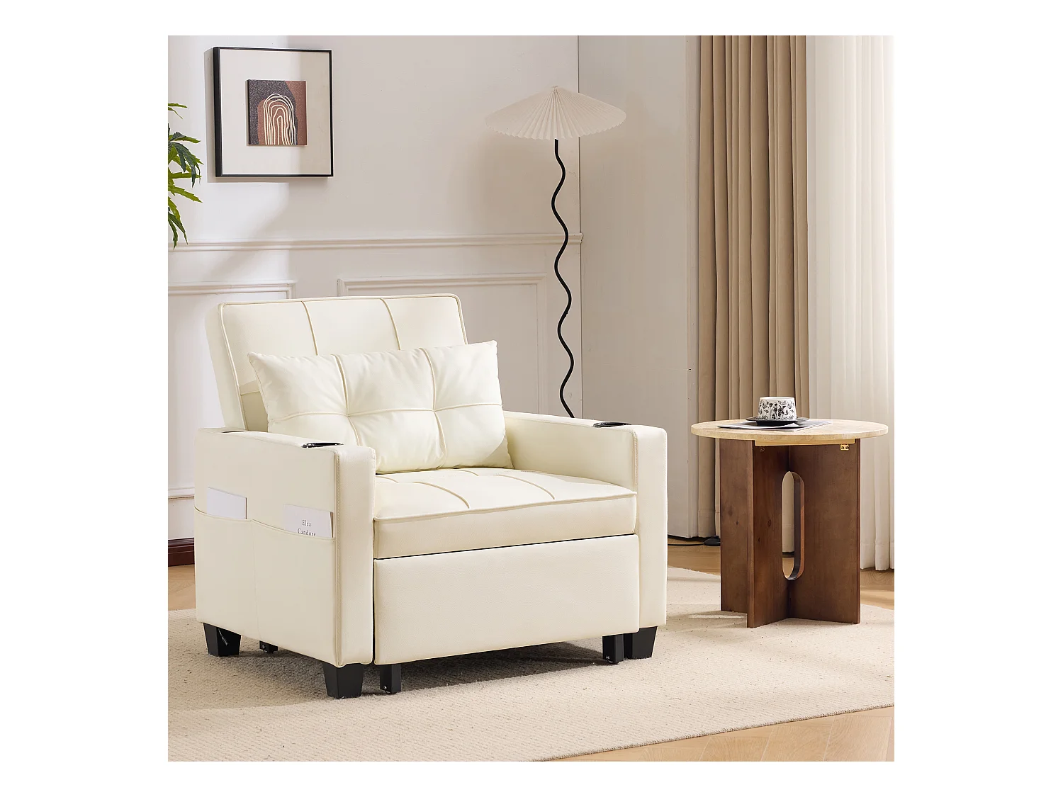 Canapé-lit 3-en-1 extensible avec porte-gobelets et USB, bois et métal, blanc (74x87x84cm)