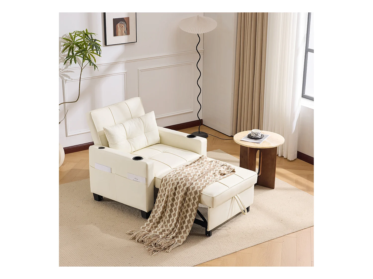 Canapé-lit 3-en-1 extensible avec porte-gobelets et USB, bois et métal, blanc (74x87x84cm)