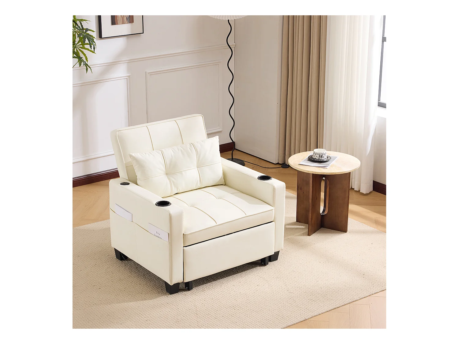 Sofá cama extensible 3 en 1 con portavasos y USB, madera y metal, blanco (74 x 87 x 84 cm)