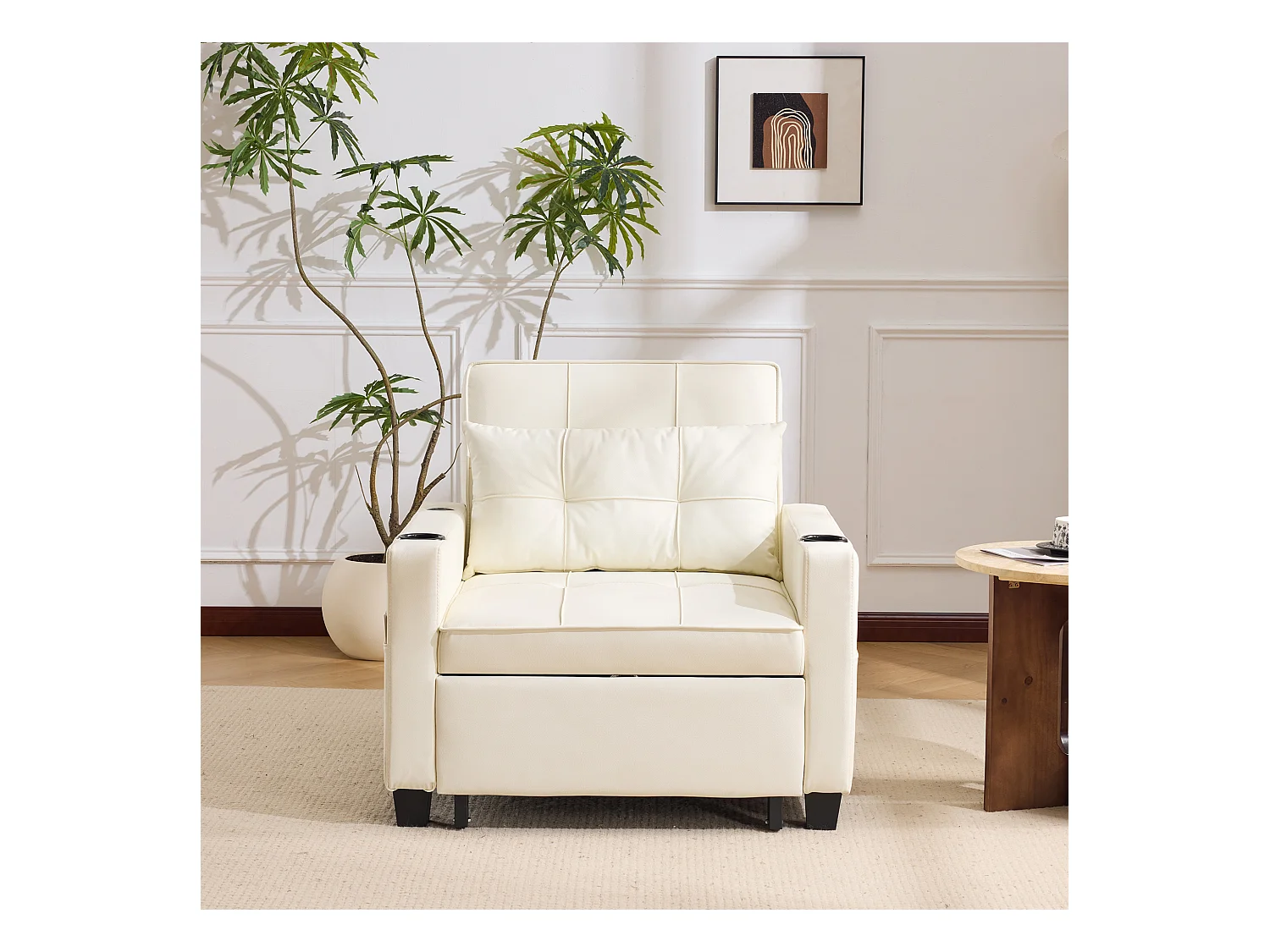 Sofá cama extensible 3 en 1 con portavasos y USB, madera y metal, blanco (74 x 87 x 84 cm)