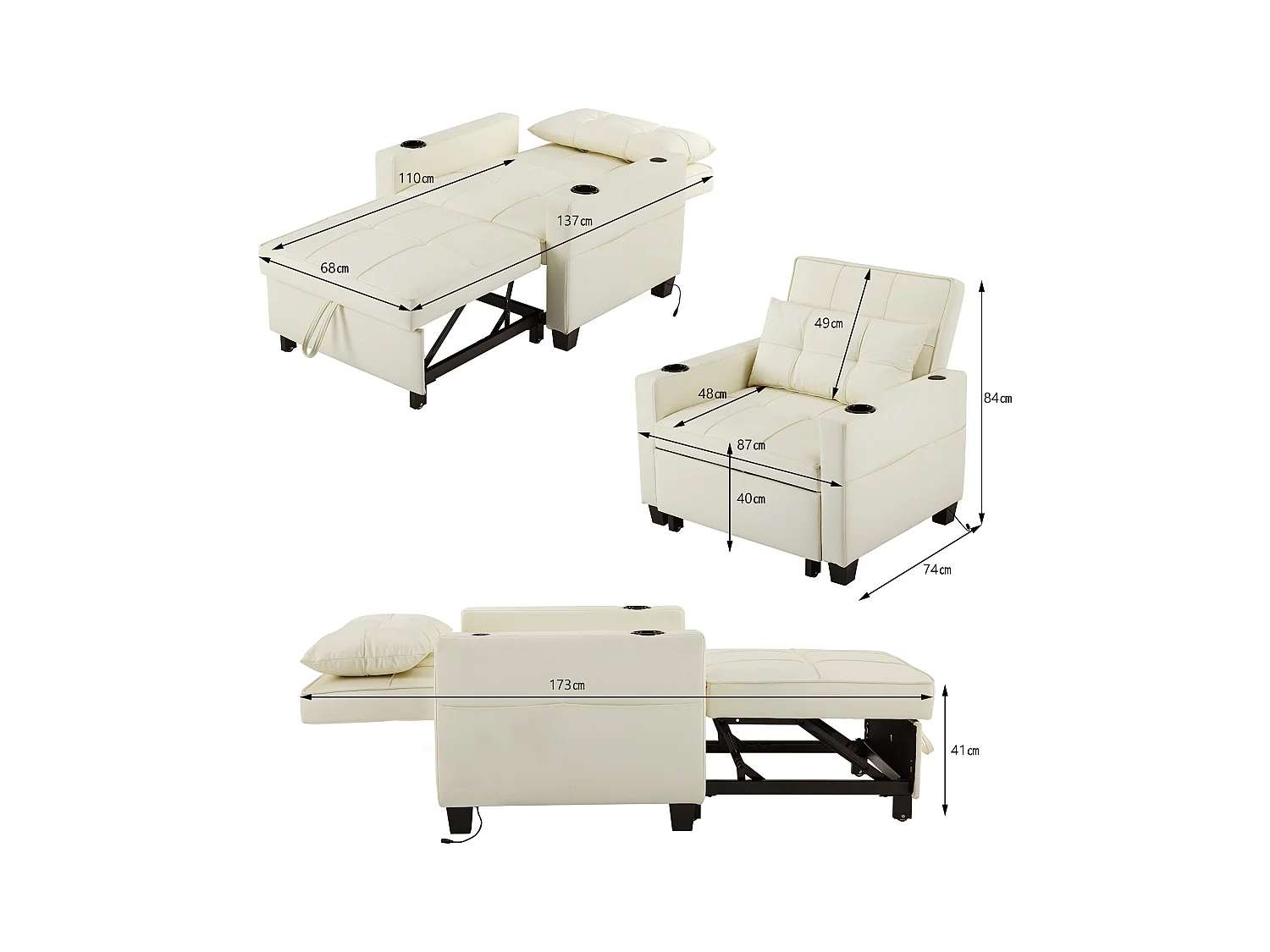 Sofá cama extensible 3 en 1 con portavasos y USB, madera y metal, blanco (74 x 87 x 84 cm)