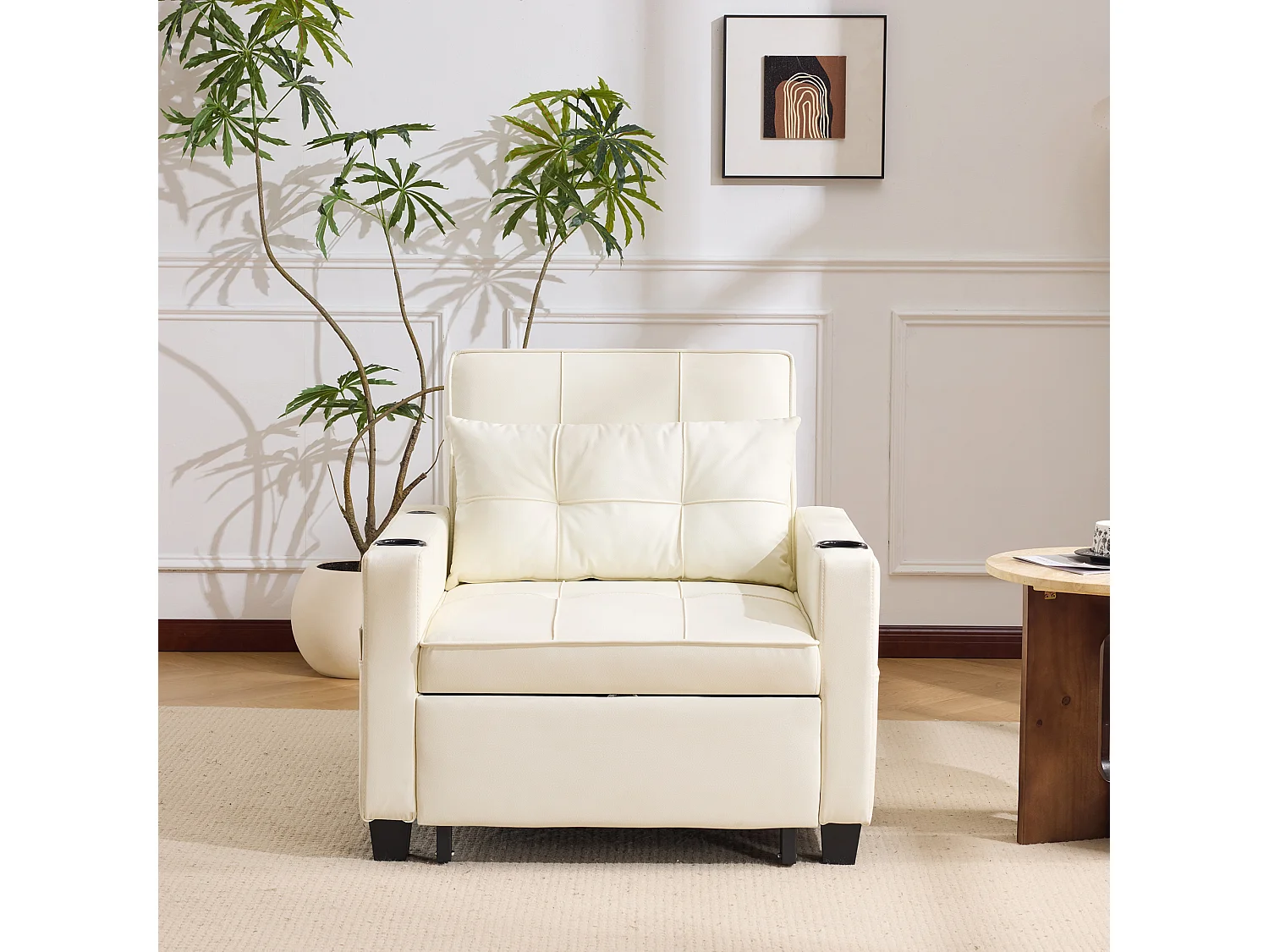 Canapé-lit 3-en-1 extensible avec porte-gobelets et USB, bois et métal, blanc (74x87x84cm)