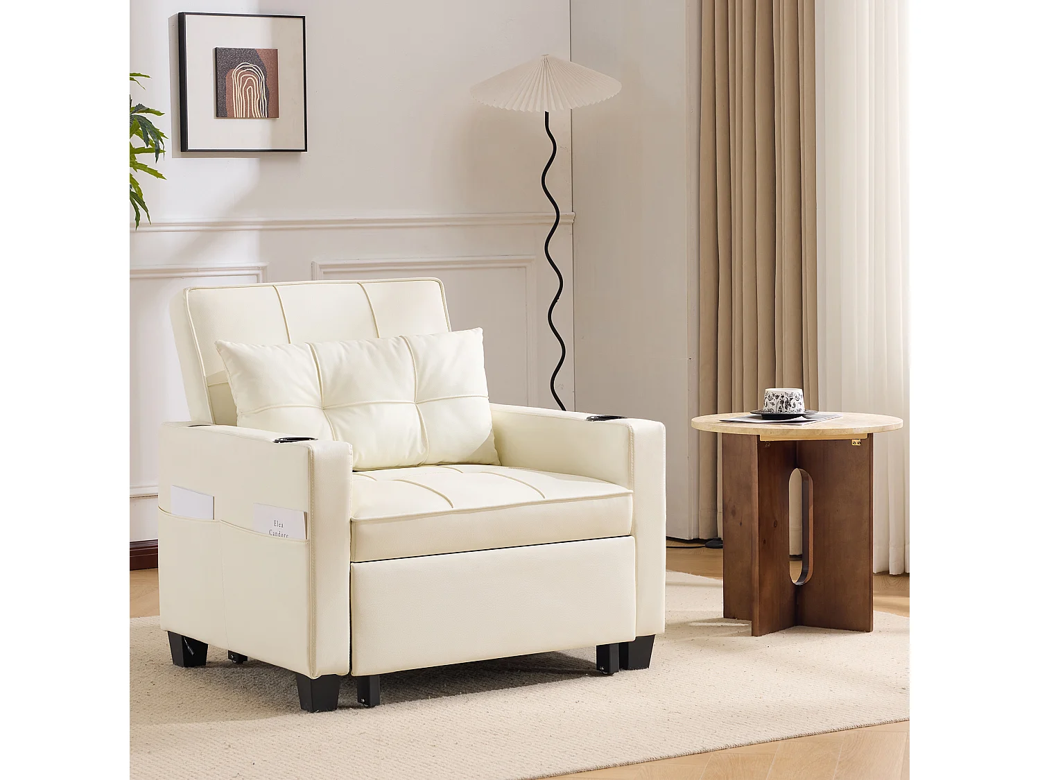 Canapé-lit 3-en-1 extensible avec porte-gobelets et USB, bois et métal, blanc (74x87x84cm)