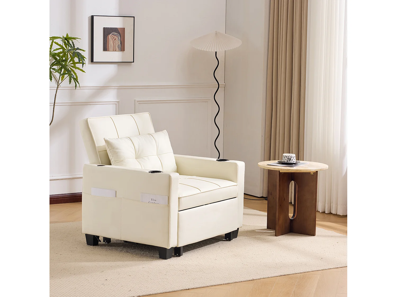 Canapé-lit 3-en-1 extensible avec porte-gobelets et USB, bois et métal, blanc (74x87x84cm)