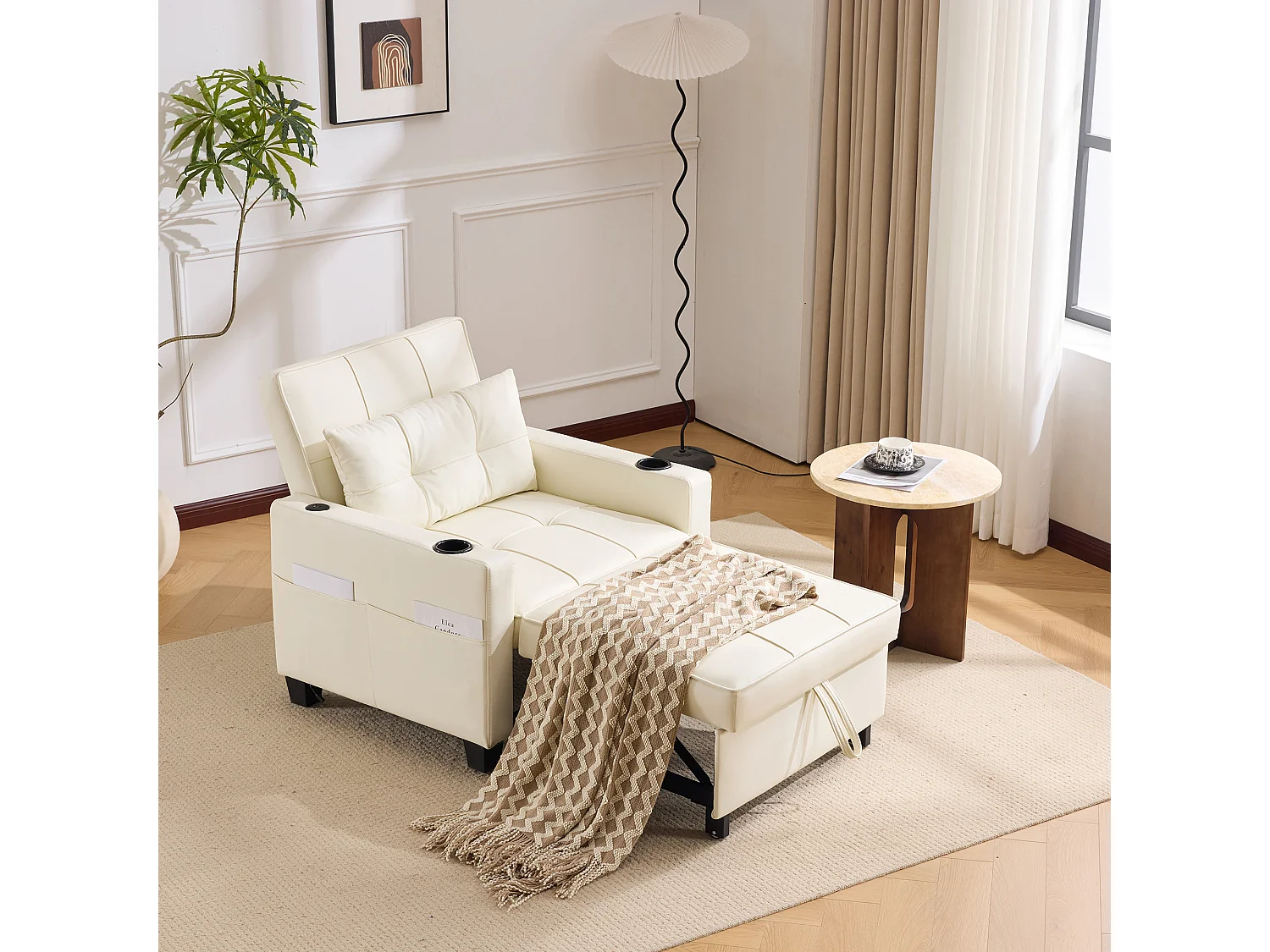 Canapé-lit 3-en-1 extensible avec porte-gobelets et USB, bois et métal, blanc (74x87x84cm)