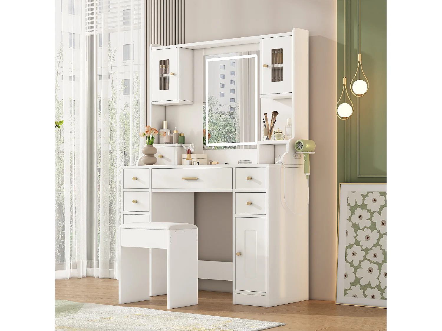 Verstelbare kaptafel met LED-verlichting, stopcontacten, spiegel, 6 lades en 4 deuren, MDF, wit (105×152×40 cm)